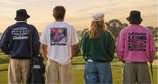 Four golfers from behind wearing Threeball Society back prints