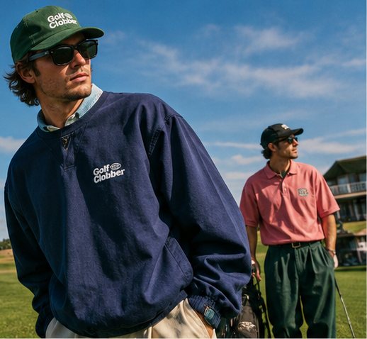Three golfers on the course in Threeball Society sweatshirts, a polo and caps